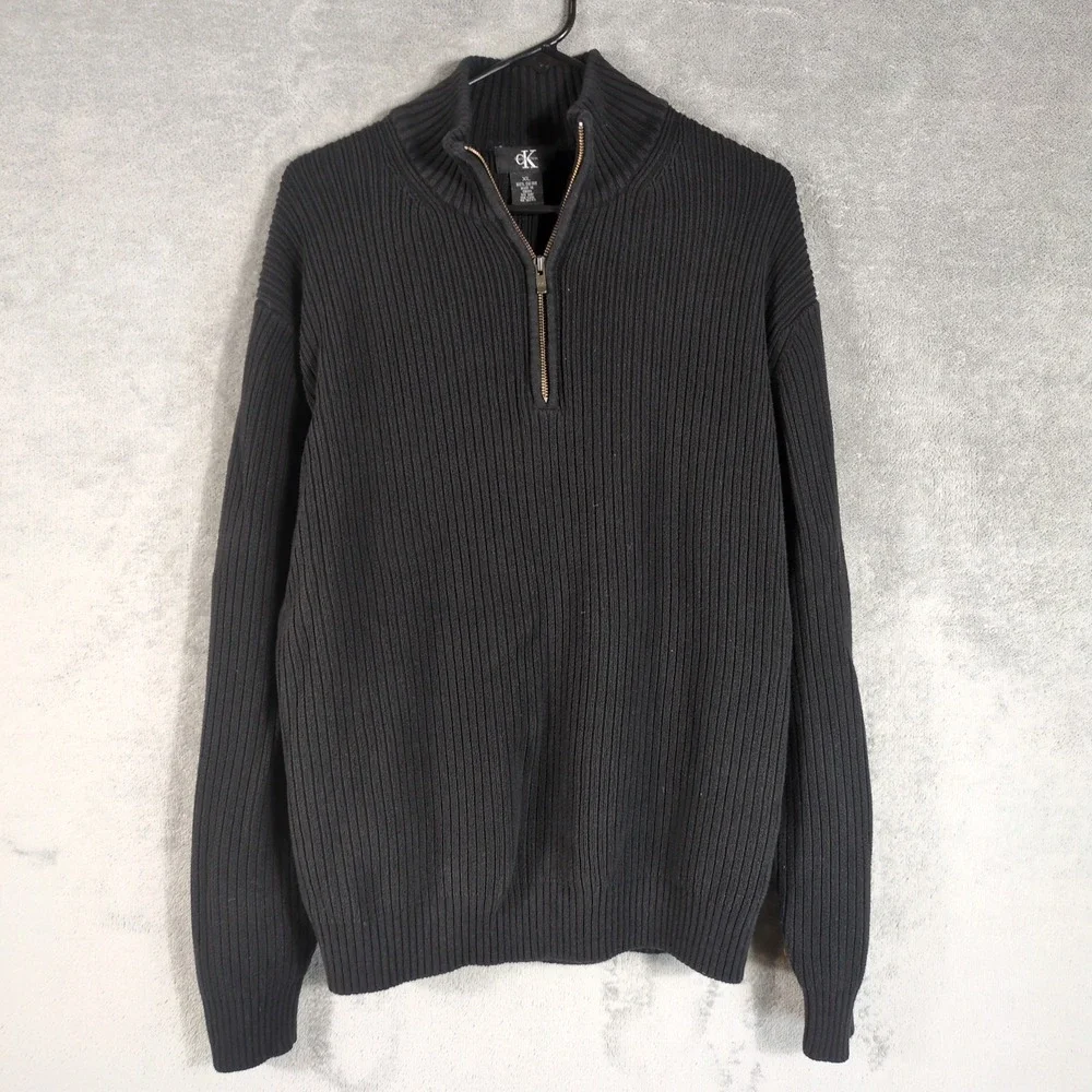 Calvin Klein Mens XL Black Ribbed Cotton 1/4 Zip Pullover Sweater